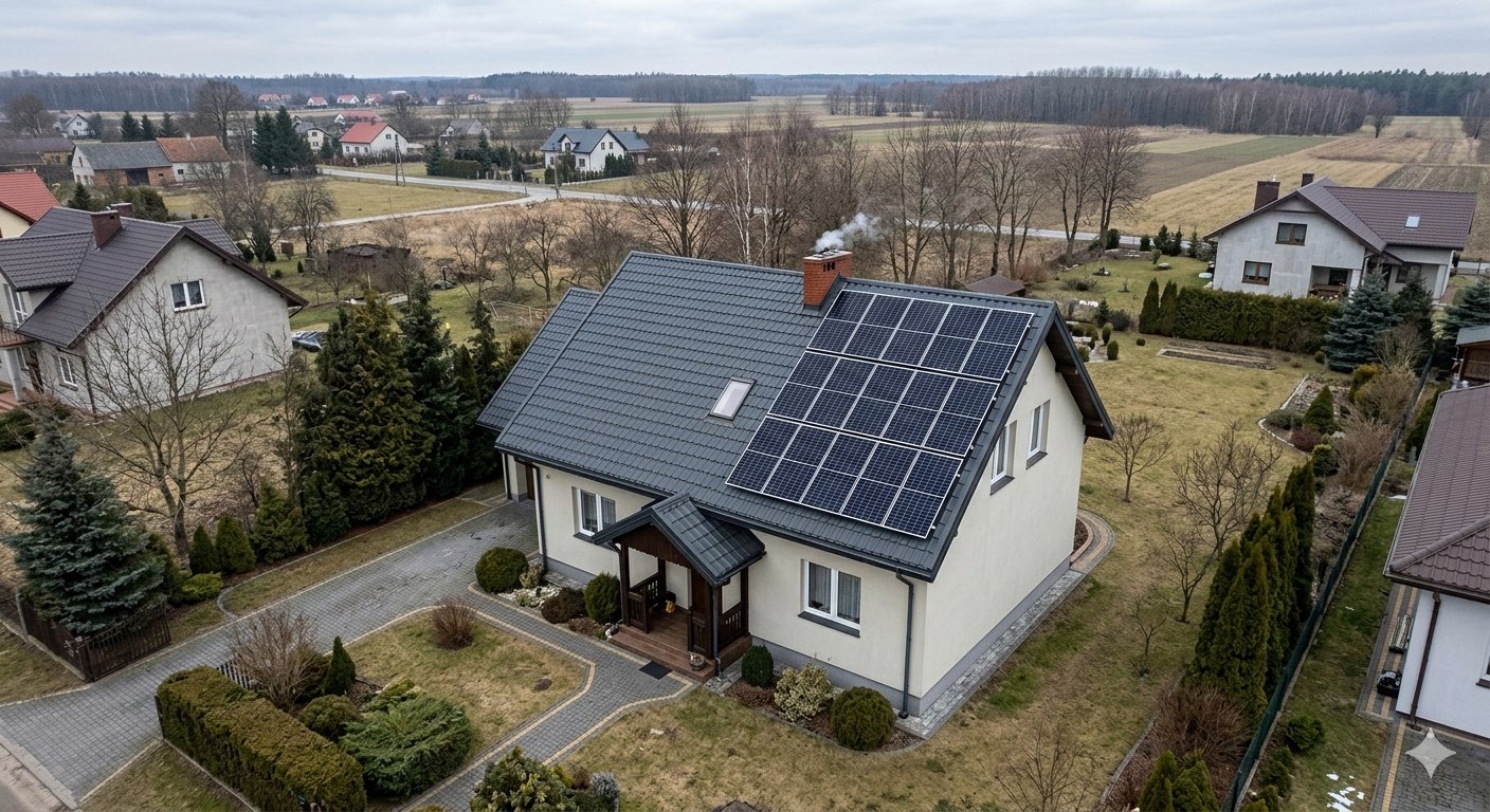 Dom jednorodzinny z instalacją fotowoltaiczną na dachu